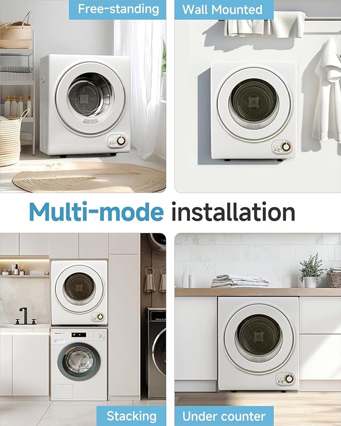 110V Portable Dryer – 850W Compact Clothes Dryer with 4 Automatic Drying Modes, Stainless Steel Tub, Simple Control Knob for Apartments, Dorms & Small Spaces