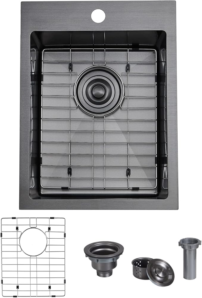 SHACO 15x20 Inch Black Drop In Bar Sink, 15 Inch Top Mount RV Kitchen 16 Gauge Stainless Steel Sink for Small Kitchen Wet Bar Prep RV Yard Office Laundry with Dish Grid & Drain, Gunmetal Black