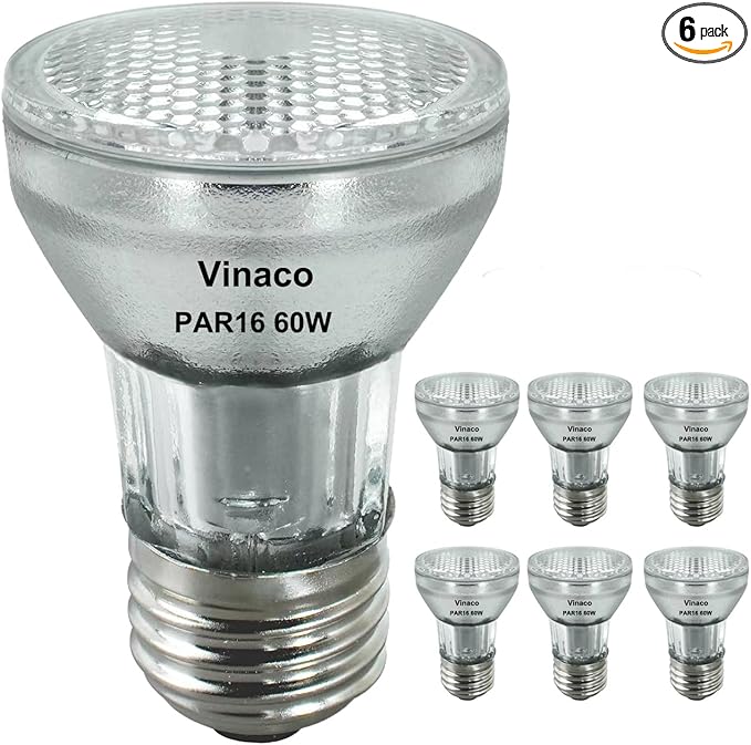 Vinaco PAR16 Bulb 120V, 6 Pack Long Lasting PAR16 Halogen Bulb 60 Watt with E26 Base, PAR16 Dimmable with 2800K Warm White, High Output PAR 16 Flood 60W for Range Hood Lights, Table Light, Track Light