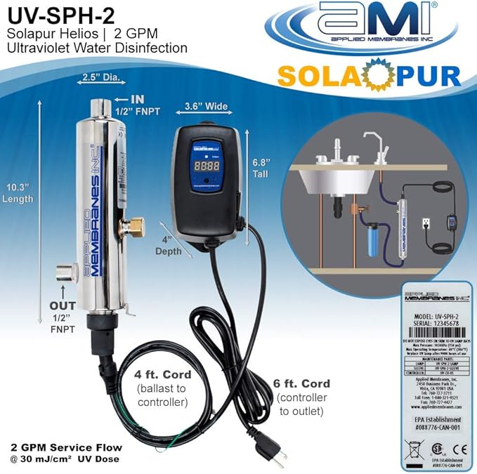 APPLIED MEMBRANES INC. Solapur Ultraviolet Water Purifier UV Sterilizer Filter for Point of Use Drinking Water Purification | 2 GPM | Helios Series UV-SPH-2