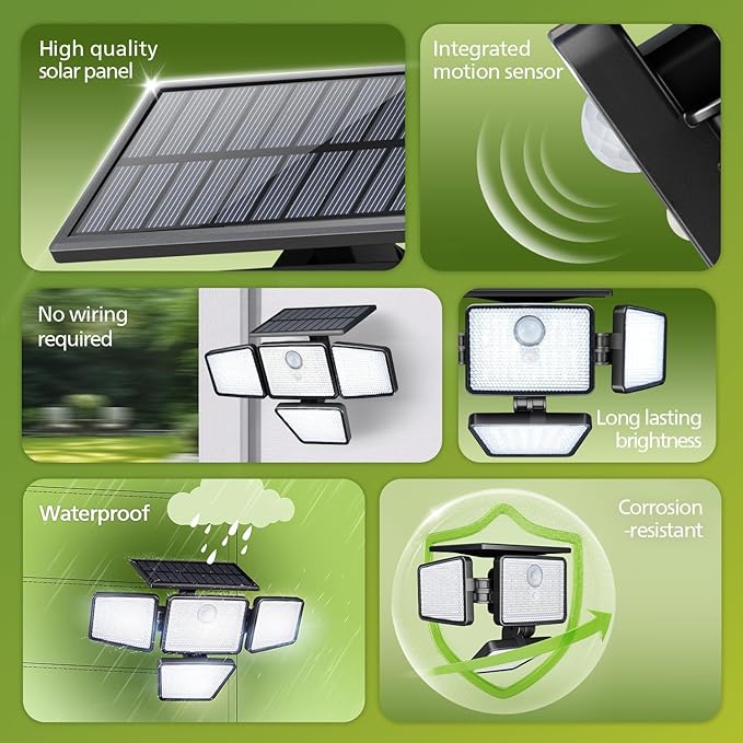 Philips Solar Security Light Outdoor, 196 LED Wall-Mounted Flood Light w/PIR Motion Sensor, 3 Modes, 4 Adjustable Heads Solar-Powered Floodlights with Remote Control, IP65 Waterproof 2PK