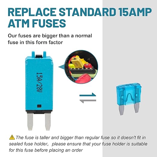 NuIth Manual Reset 15A Mini Fuse Circuit Breakers, E73 Low Profile ATM Circuit Breaker Blade Fuse DC 28V Resettable Standard Blade Fuses for Car Truck RV Marine (2PCS-15A)