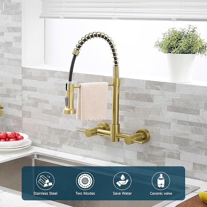 AIMADI Brushed Gold Kitchen Faucet,Wall Mount Faucet 8 Inch Center|2 Handle Commercial Sink Faucet for Modern Kitchens Luxury Style
