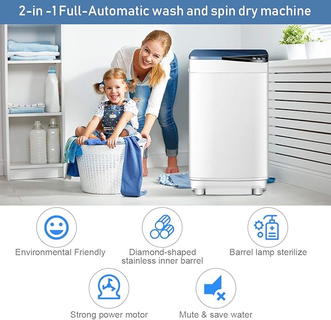 Waterjoy Portable Washing Machines, 7.7 lbs Load Capacity Portable Washer and Dryer Combo with Built-in Barrel Light & LED Display for Household and Apartment （Blue）