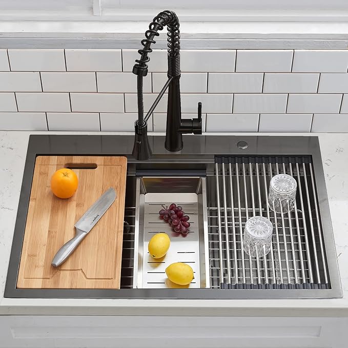 SHACO 33x22 Black Drop In Kitchen Sink, 33 Inch Gunmetal Black Stainless Steel Top Mount Single Bowl Overmount Double Ledges Workstation Sink with Accessories