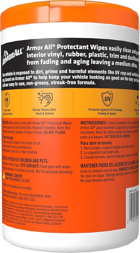 Armor All Car Interior Protectant Wipes, 90 Count Canister, UV Protectant for Vinyl, Rubber, Plastic, Trim and Dashboards