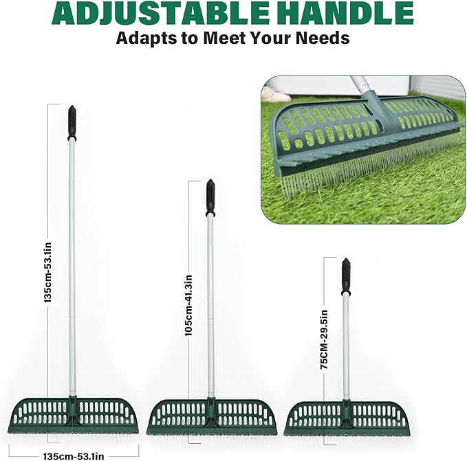 Artificial Turf Rake, 2 in 1 Turf Rake with Adjustable Steel Handle, 30" to 53" Long, 17.9 inch Wide for Artificial Grass and Lawn Leaf Removal, Carpet Rakes, Pet Hair Removal