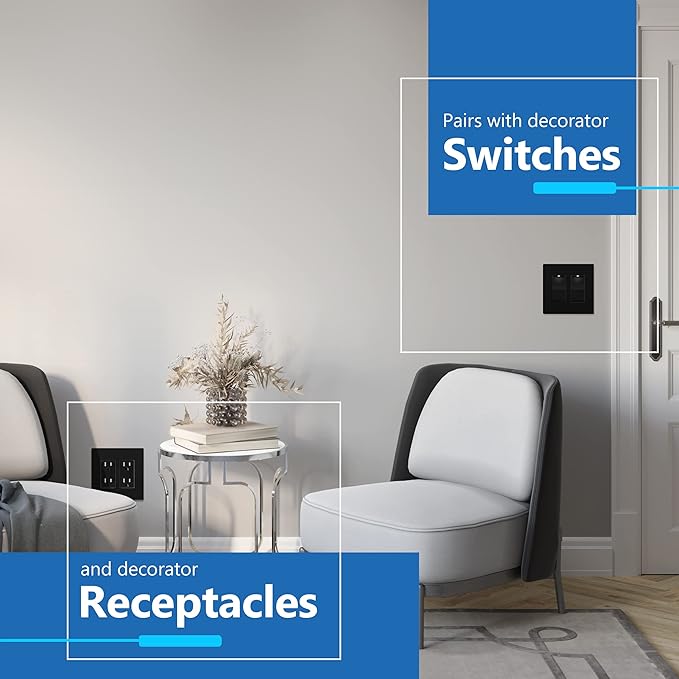 LIDER Matte Finish Double Decorator Switch Cover, Screwless Wall Plate, Mid-Size 2-Gang 4.88" x 4.92", Unbreakable Polycarbonate Thermoplastic, UL Listed, LSWP-32M-BK5P, Black, 5 Pack