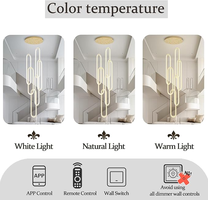 Flashing God H138 Modern Chandelier 6-Rings Large Chandelier for High Ceiling Led Dimmable Ring Pendant Lighting Gold Contemporary Chandeliers for Villa Foyer Entrance Living Room