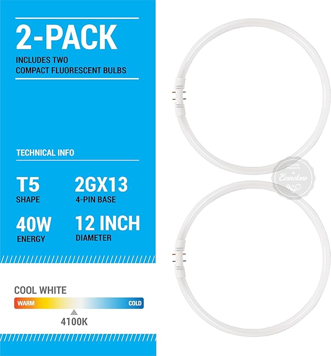 KOR (Pack of 2) FC40T5/-12 T5 Flurescent Circline - 40 Watt - 2GX13 Base - (FC12T5) (4100K - (Cool White))