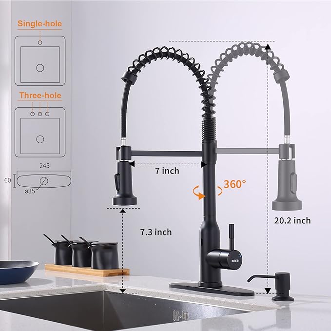 Black Touchless Kitchen Faucet ， KEER Smart Motion Sensor Hands Free Single Handle Spring Kitchen Sink Faucet with Pull Down Sprayer