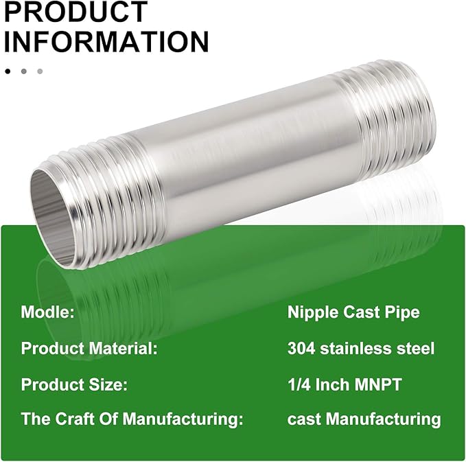 TAISHER 4PCS Stainless Steel Pipe Fittings, 1/4" NPT x 1/4" NPT Male Threaded, 2" Length Nipple Cast Pipe