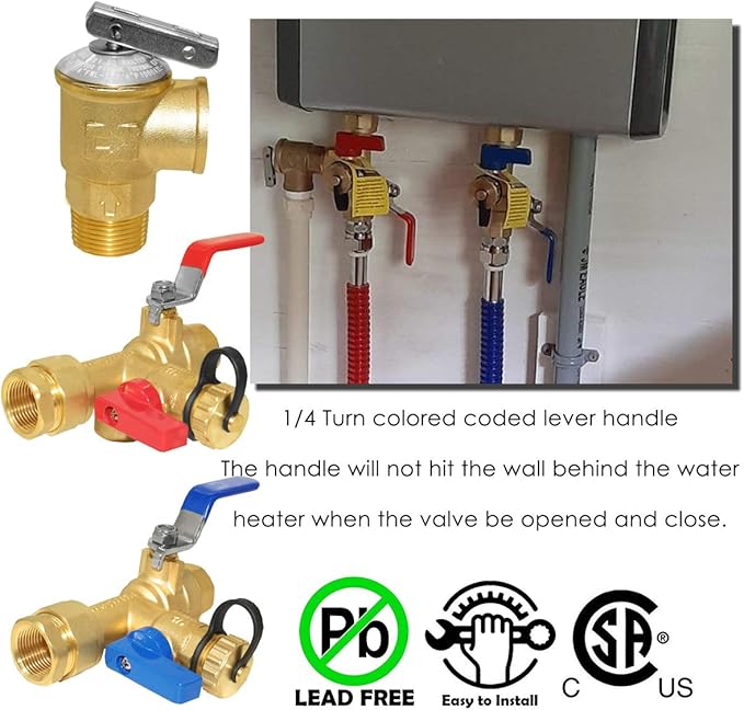 Beduan Water Heater Service Valve Kit 3/4" IPS Isolator Tankless with Pressure Relief Valve, Clean Brass Construction