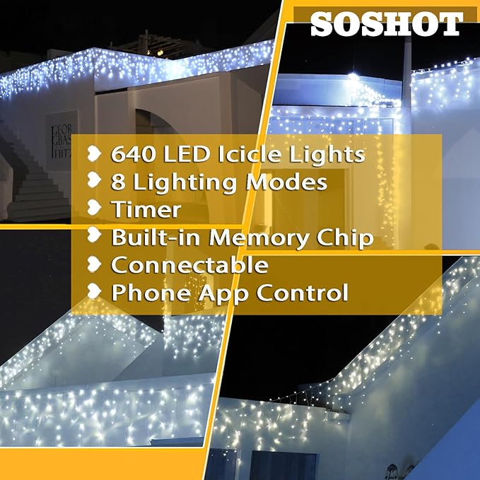 Christmas String Lights Outdoor - 49Ft/15M 640 LED 8 Modes with Remote Control and App Waterproof Christmas Lights for Patio Yard Garden Wedding Party-White