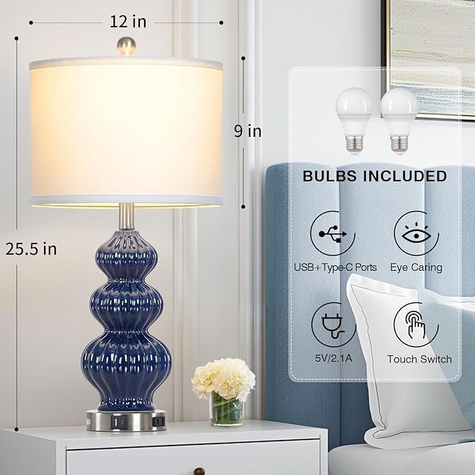 Triple Gourd Ceramic Table Lamps Set of 2, Modern Blue Bedside Lamps with USB A+C Ports & AC Outlet, 3 Way Touch Control Contemporary Nightstand Lamps for Bedroom Living Room