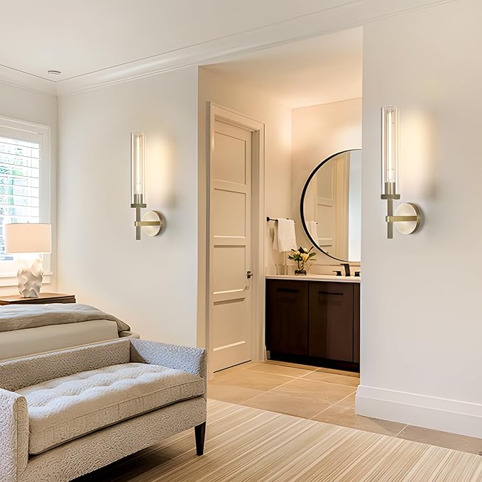 Modern Brass Hardwired Wall Sconces 2 Pack, 21'' Knurled Bathroom Wall Sconce, Indoor Wall Sconce,Copper and Tube Glass Vanity Light, for Living, Bedroom, Hallway, Staircases, Include Bulbs