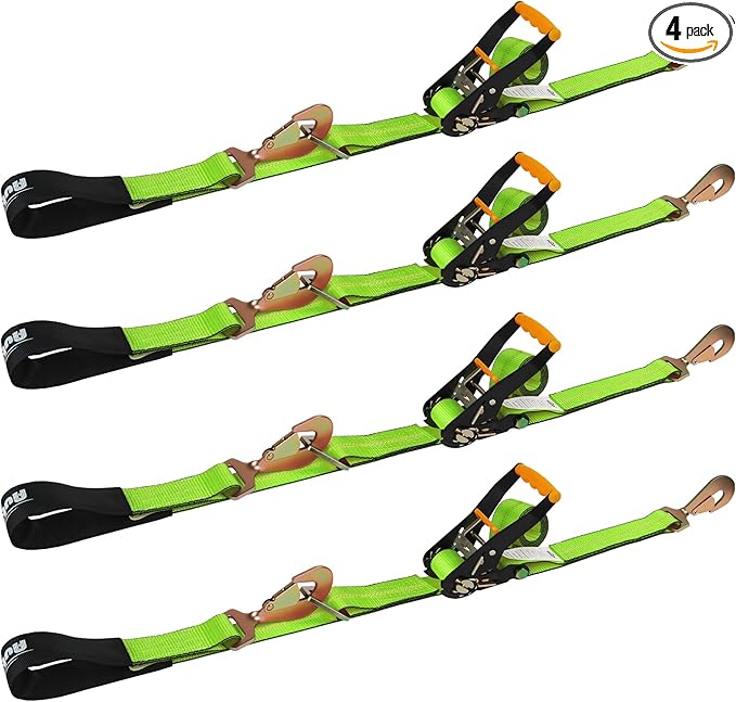 Heavy Duty 4 Pack Axle Tie Down Straps for Trailers-2" x 114" Car Hauler Straps with Snap Hooks-10,000 lbs Break Strength, 3300 lbs Capacity - DOT Certified Wheel Ratchet Tie Downs (Green)