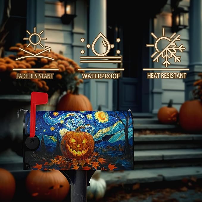 Halloween Pumpkin Magnetic Mailbox Covers Standard Size 18 x 21 Van Gogh's Starry Night Mailbox Wraps Cover Oil Painting Decorations Post Box Cover for Garden Yard Outdoor Decor