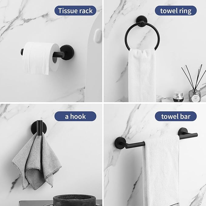 Towel Bar Set Mattel Black, Bathroom Accessories Set 5pcs Including 16'' Tower Bar, Towel Ring and 2 PCS Towel Hooks