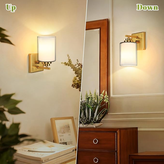 Set of 2 Wall Sconces for Bathroom, Modern Vanity Light Fixtures, Gold Wall Mount Lighting Lanterns, Farmhouse Wall Lights with Double Clear Glass Shade for Bedroom Living Room Mirror Hallway