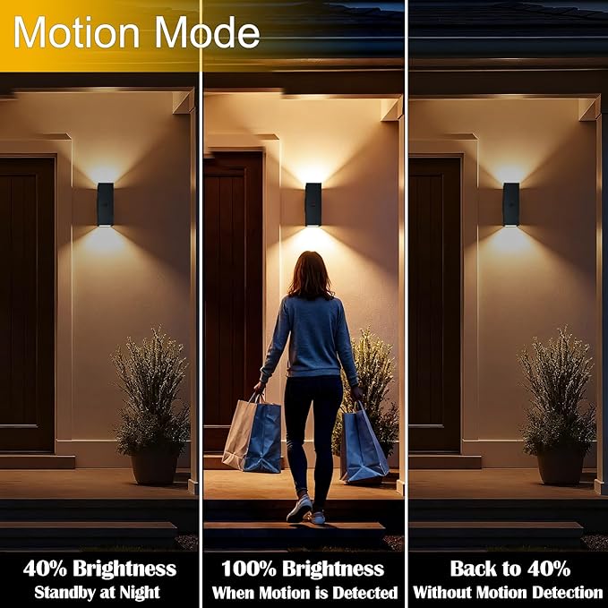 Motion Sensor Outdoor Wall Lights, Dusk to Dawn Porch & Patio Sconce with E26 Dimmable LED Bulbs, Black Aluminum Up & Down Exterior Light Fixtures for Garage, Front Door, ETL Listed