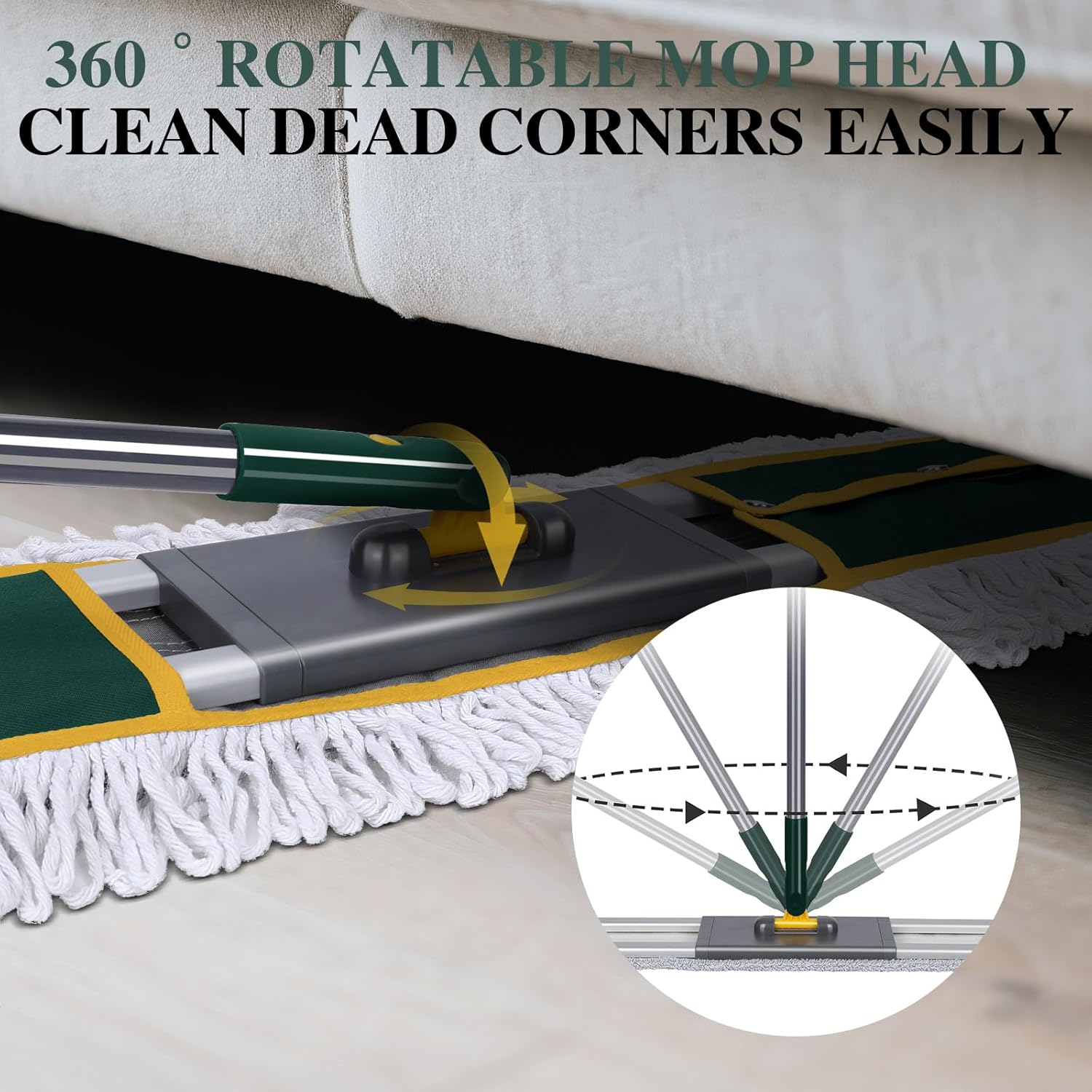 36" Commercial Mop, Masthome Heavy Duty Industrial Mop for Floor Cleaning,Commercial Dust Mop with 3 Reusable Pads,60”Long Handle Wet Dry Flat Mops for Hardwood Floors, Marble, Laminate, Tile(Green)