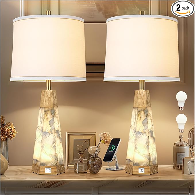 27" Natural Alabaster And Real Wood Table Lamp Set of 2 With Night Light Nightstand Lamps With USB Ports White Linen Fabric Shade Bedside Lamp Decor For Living Room Bedroom Home Office Hotel Bar House