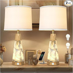 27" Natural Alabaster And Real Wood Table Lamp Set of 2 With Night Light Nightstand Lamps With USB Ports White Linen Fabric Shade Bedside Lamp Decor For Living Room Bedroom Home Office Hotel Bar House