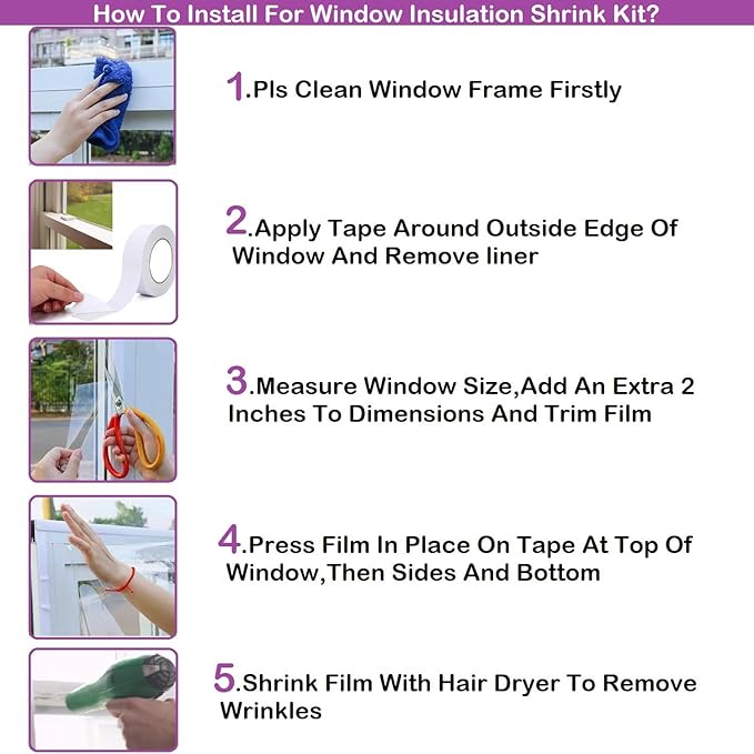 Indoor Window Insulation Kit, Clear Window Film for Heat and Cold (3 Windows (62x126 in))