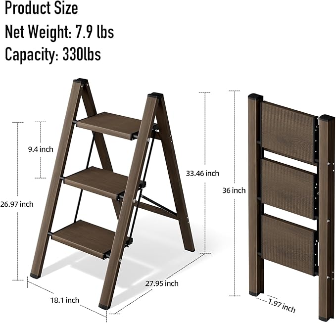 3 Step Ladder,Aluminum Folding Step Stool for Adults,Step Ladder with Wide Anti-Slip Pedal,330 lbs Capacity for Home,Office,Kitchen,Library(Walnut)