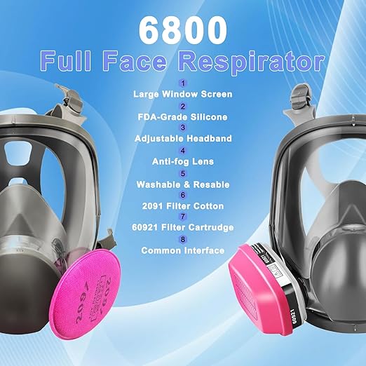 Full Face Respirator Mask with Filters 60921 & 2091，Reusable Gas Mask for Painting，Welding, Griding&Cuting | Anti-Fog, Silicone Face Seal, Dust Protection