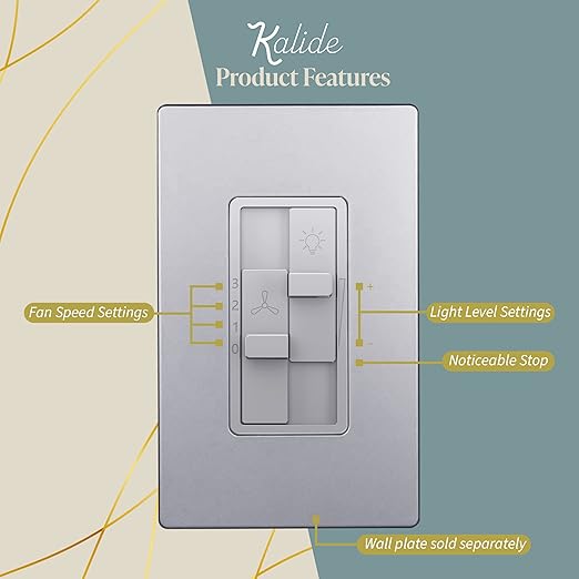 TOPGREENER Kalide Combo Dimmer Switch with 3-Speed Fan Control, Light and Fan Combination Switch, Single Pole, 2.5A, 200W LED/CFL, Neutral Wire Not Required, TGDSFS3-SV, Silver
