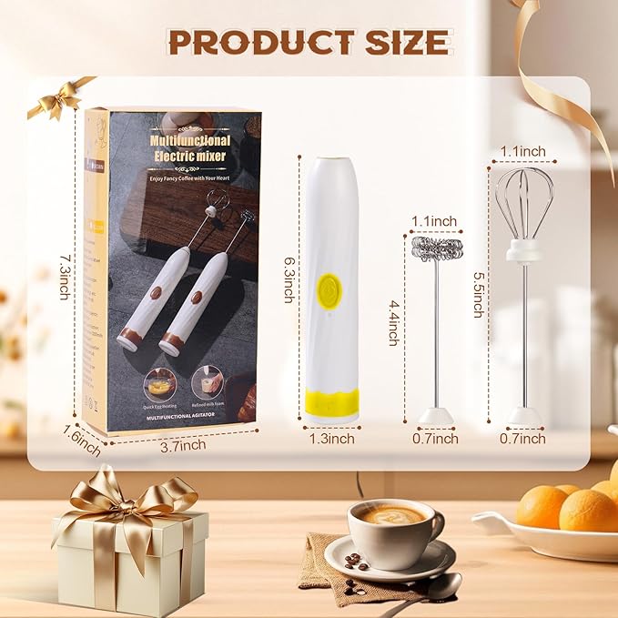 Milk Frother Handheld Rechargeable,Hand Mixer Electric Whisk with 2 Speeds,Drink Mixer Coffee Frother With 2 Stainless Steel Whisks for Coffee, Matcha, Lattes, Cappuccino,Egg,No Stand (Yellow)