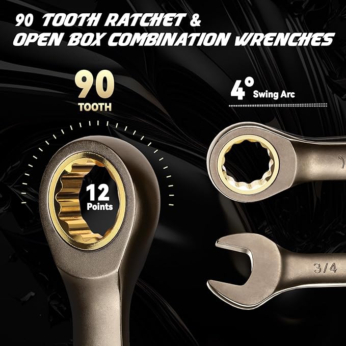 DISEN 13pcs 90-Teeth Ratchet Wrenches Set, Fixed Head Metric Ratcheting Wrench Set 6, 8, 9, 10, 11, 12, 13, 14, 15, 16, 17, 18, 19MM, Cr-V Constructed, Nickel Plating with Organizer