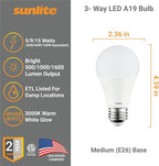 Sunlite 40419 3-Way LED A19 Light Bulb, 5/9/15 Watts (40W 60W 100W Equivalent), 500-1000-1600 Lumens, Medium E26 Base, Omni-Directional, ETL Listed, Frost, 3000K Warm White, 6 Count