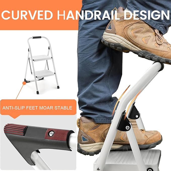 Step Stool for Adults,2 Step Ladder Folding 330lbs Anti Slip Step Stool,Foldable Ergonomic 2 Steel Stool with Wide Pedal for Home, Kitchen, Office (White)