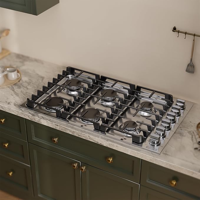 Empava 36 in. Gas Stove Cooktop 6 Italy Sabaf Sealed Burners NG/LPG Convertible in Stainless Steel, 36in
