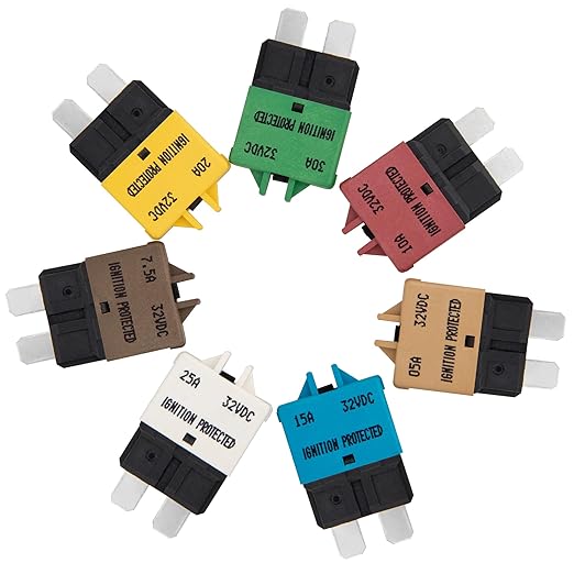 NuIth Manual Reset Mini Fuse Circuit Breakers 5A-30A, E39 Low Profile ATO/ATC Circuit Breaker Blade Fuse 12V-32V DC Re-settable Standard Blade Fuses for Car Truck RV Marine (7PCS 5A-30A)