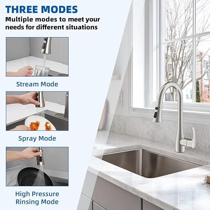 Hibbent Pull Down Spray Head for Kitchen Faucet, 3-Function Spray Nozzle with 15 Adapters, Straight Sink Faucet Head Replacement Compatible with Moen, Delta, Kohler, American Standard, Brushed Nickel