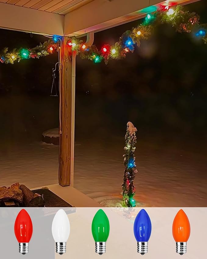 C9 Christmas Light Bulbs 25 Pack, C9 Ceramic Multicolor Replacement Bulb Incandescent Light Bulbs, E17/C9 Intermediate Base Bulb for Patio Outdoor Christmas String Lights, 7 Watts
