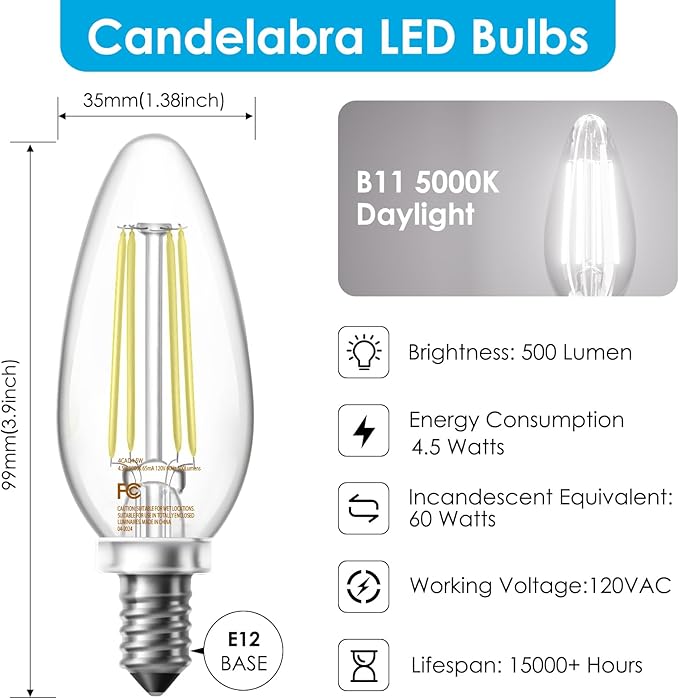 VOLIVO Dimmable E12 LED Candelabra Bulbs 60Watt Equivalent, 5000K Warm White, 500Lumens, 4.5W B11 Vintage Chandelier Light Bulbs, LED Filament Clear Glass Candle Lamp for Ceiling Fan Home Decor, 6Pack