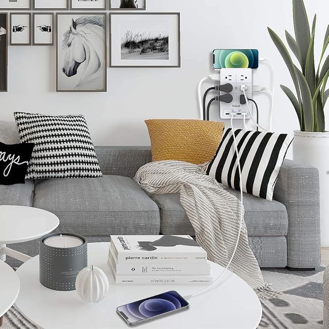 Multi Plug Outlet Surge Protector Nikleb, 12 Electrical Outlets Extender with 4 USB Charging Ports Total 4.8A, Wall Plug Expander 3 Prong for Room, Office, Gaming, Cord Organizer Accessories