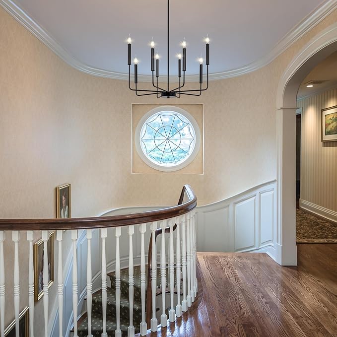 Qamra Farmhouse Black Chandelier for Dining Room, 8-Light Modern Candle Chandelier Light Fixture, Rustic Industrial Hanging Chandeliers Lighting for Living Room, Kitchen, Staircase, Entryway, Foyer