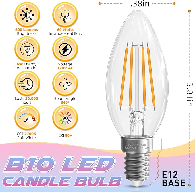 E12 Candelabra Bulb 2700K Soft White, 6W Equivalent to 60 watt, E12 LED Bulb Non-Dimmable, Chandelier Light Bulbs, B10 Candle Light Bulbs, 90+CRI, 600LM, Cear Glass, 12 Pack