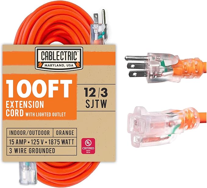 12 Gauge Extension Cord 100 ft, 12/3 SJTW 100 Foot Heavy Duty 3 Prong, Weatherproof Outdoor Power Cord Orange 15 Amp, Great for Major Appliances