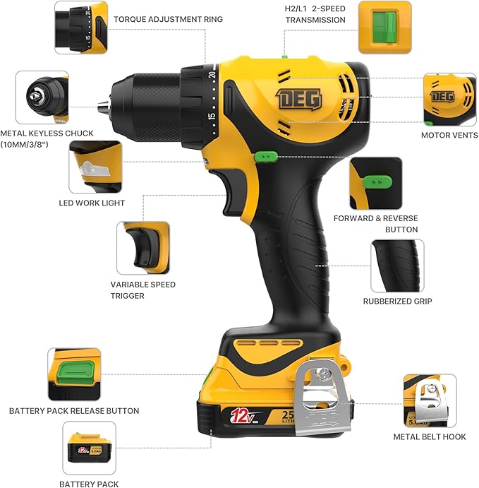 12V MAX Cordless Drill,Electric Power Drill Set with Battery & Charger, 3/8-Inch Keyless Chuck, 2 Variable Speed, 20+1 Torque Setting Power Tools Kit