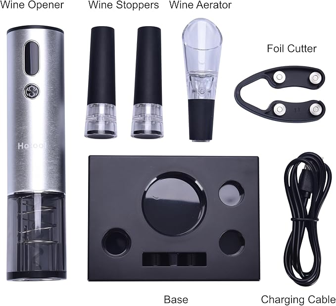 Electric Wine Opener with Wine Accessories -Rechargeable Wine Bottle Opener Set with Base, Wine Aerator, Foil Cutter and Wine Stoppers- Perfect Wine Gifts for Wine Lovers