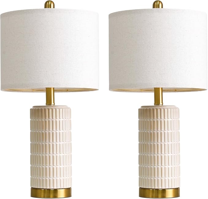 PoKat Small Bedside Table Lamps with USB Ports for Bedroom, 21.5'' White Nightstand Lamps for Night Stands, Modern Ceramic Bedroom Lamps for Living Room End Table, White and Beige