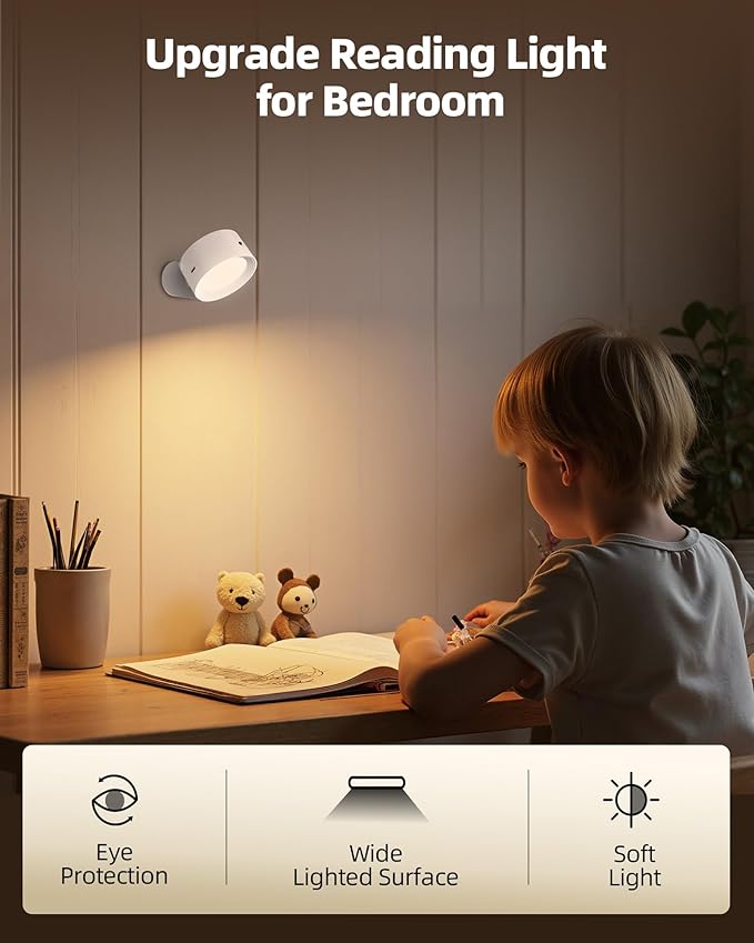 LED Wall Mounted Lights, Rechargeable Wall Sconces with Remote & Touch Control, 3 Color Temperatures 360° Rotation Dimmable Cordless Wall Light for Bedroom Study Reading Bedside (White, 3 Pack)