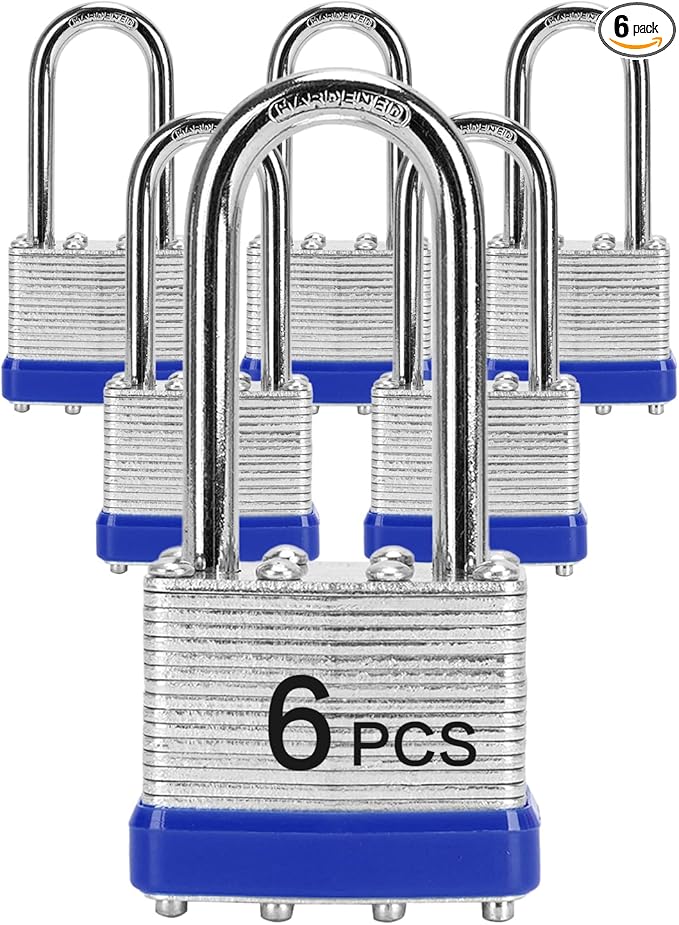 Padlocks with Same Key, LQYN 6 Pcs Laminated Keyed Padlock (1-9/16", 40mm), Keyed Alike Locks, Long Shackle, for Storage Locker, Hasp Latch, Toolbox, Sheds